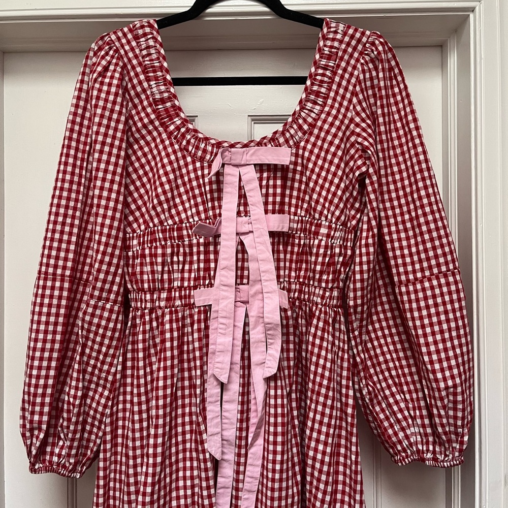 NWT Damson Madder Dakota Bow Midi Dress Red Gingham Size UK 8/US 4